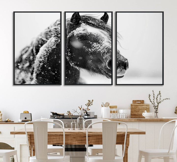 A large 3-panel rustic farmhouse wall art showcases a black and white winter horse canvas print against a snowy backdrop.