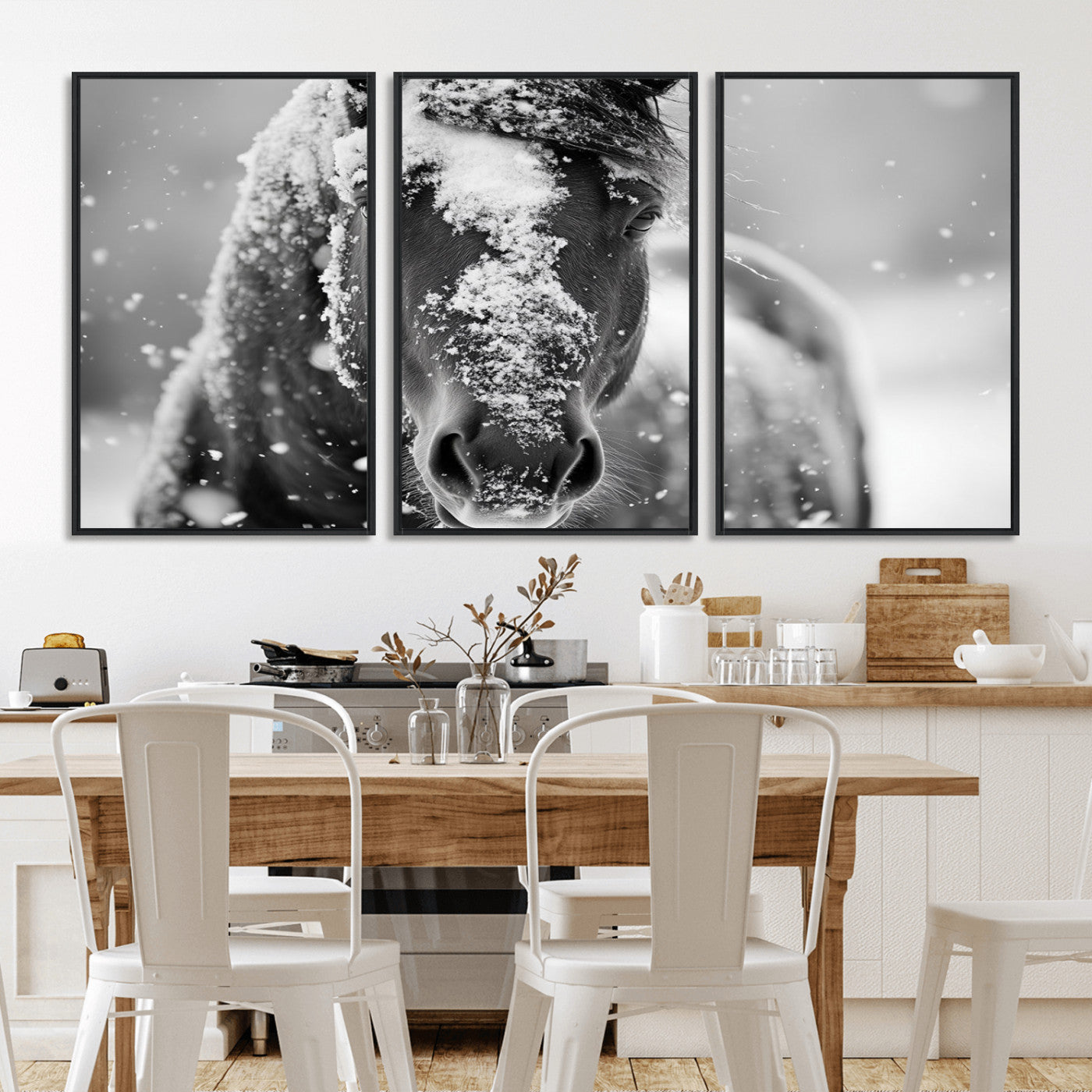 MGV-FC-60X30-3P - Black and White Horse Winter Wall Art | Ready to Hang and Framed | Farmhouse Wall Decor | Western