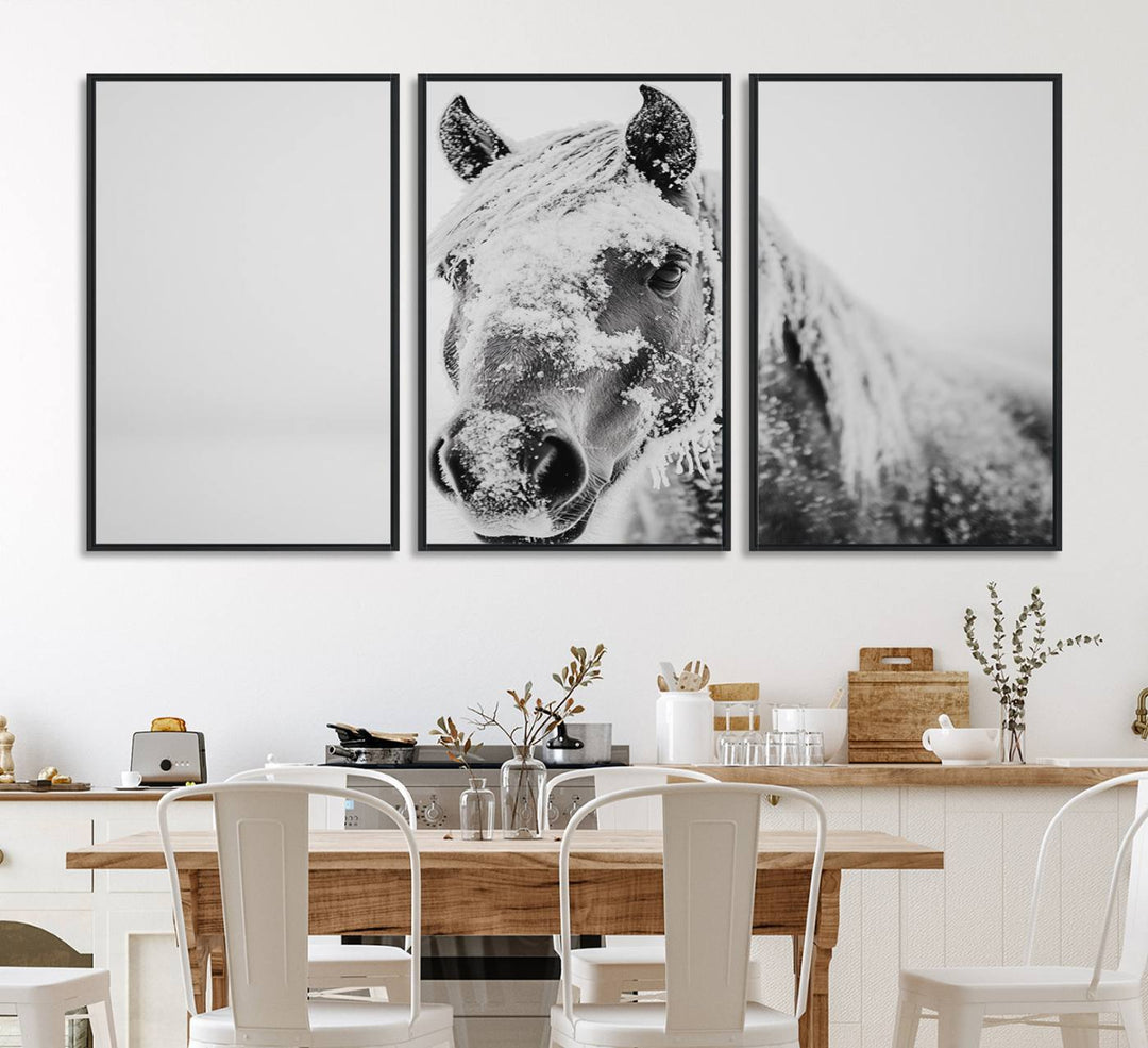 White Horse Wall Art: A black and white photo of a snow-covered horse, framed and ready to hang for farmhouse decor.