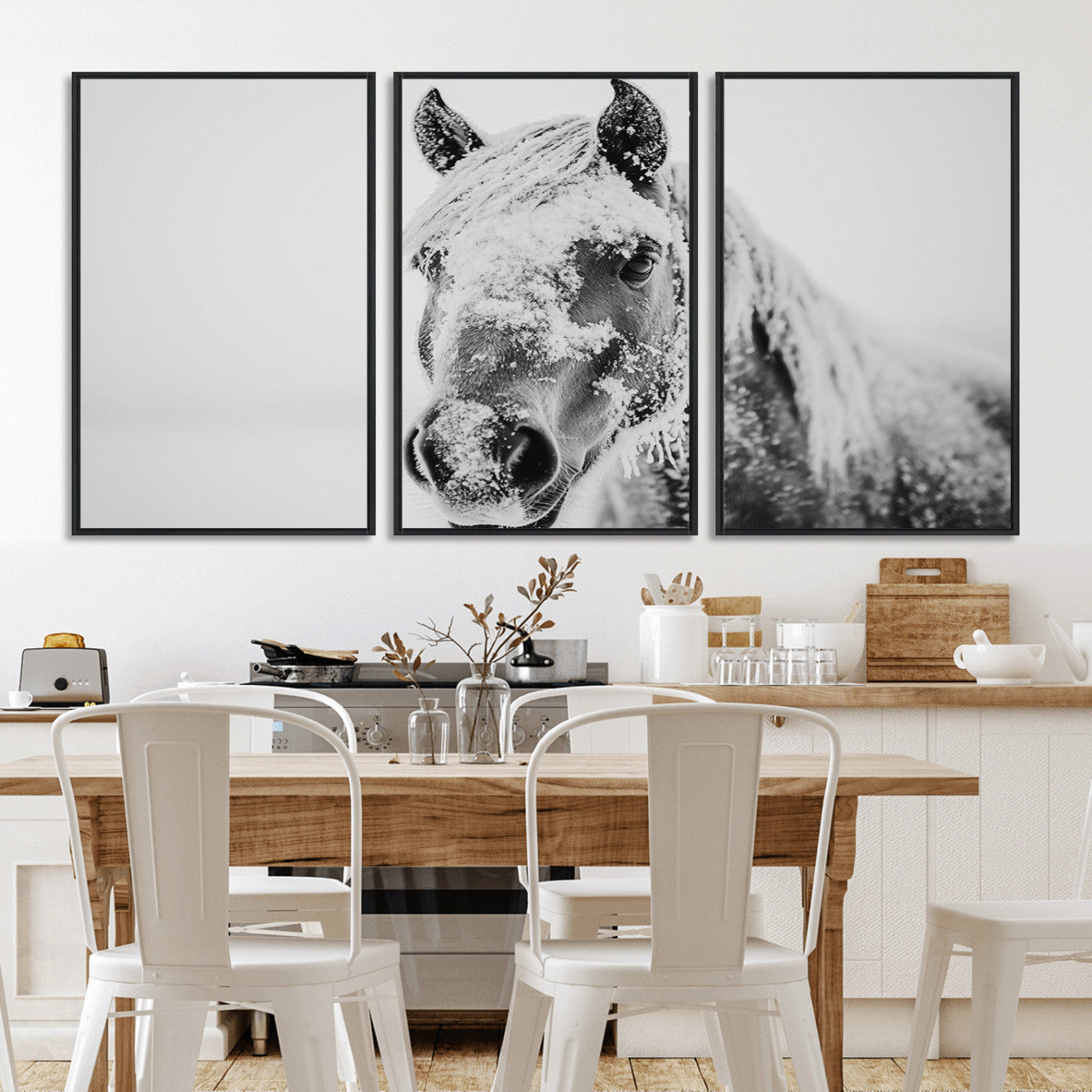 MGV-FC-60X30-3P - White Horse Wall Art | Ready to Hang and Framed | Winter Horse Wall Art Print for Farmhouse and