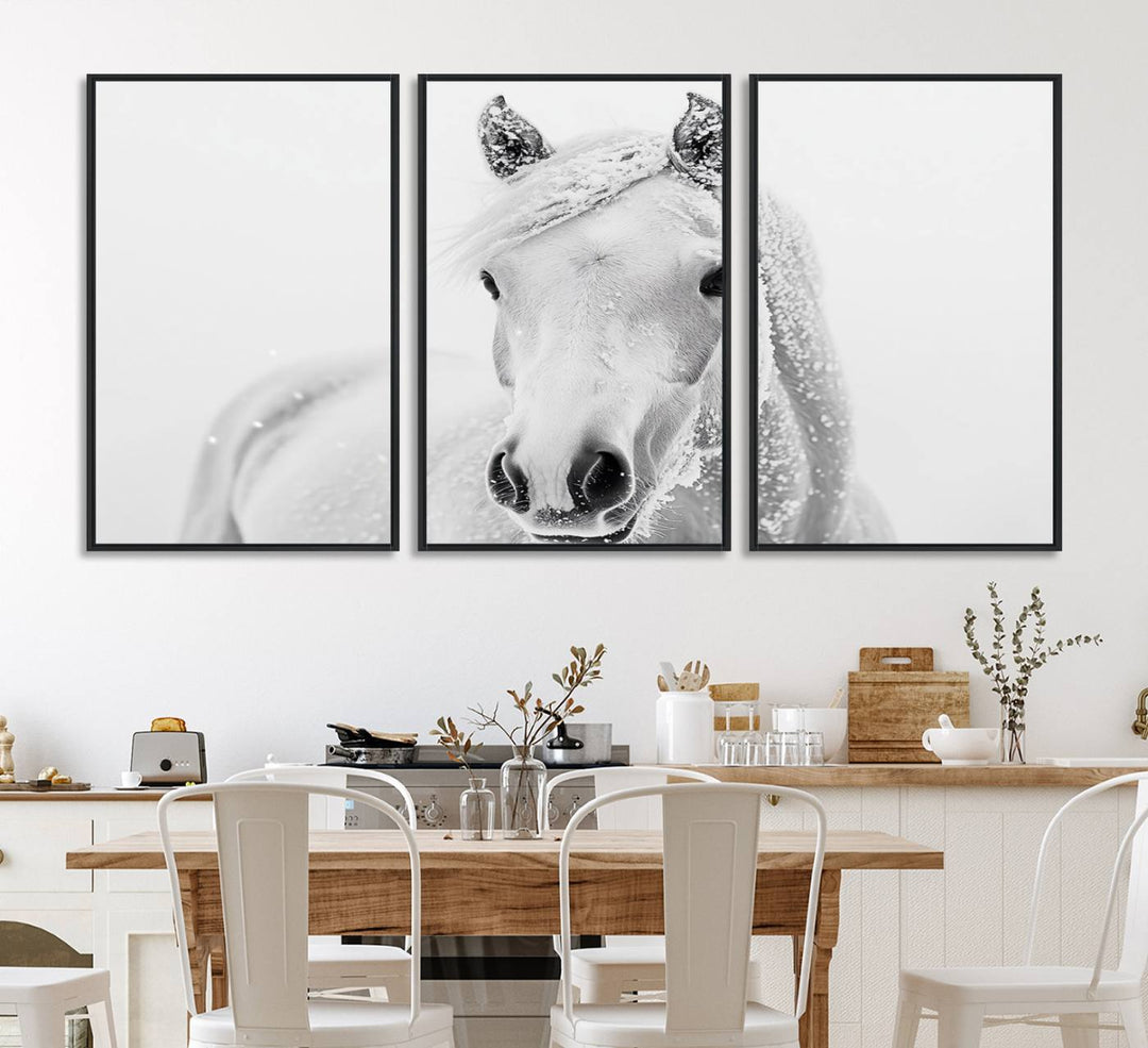 The dining room features the Majestic White Horse Wall Art, adding to its rustic charm.