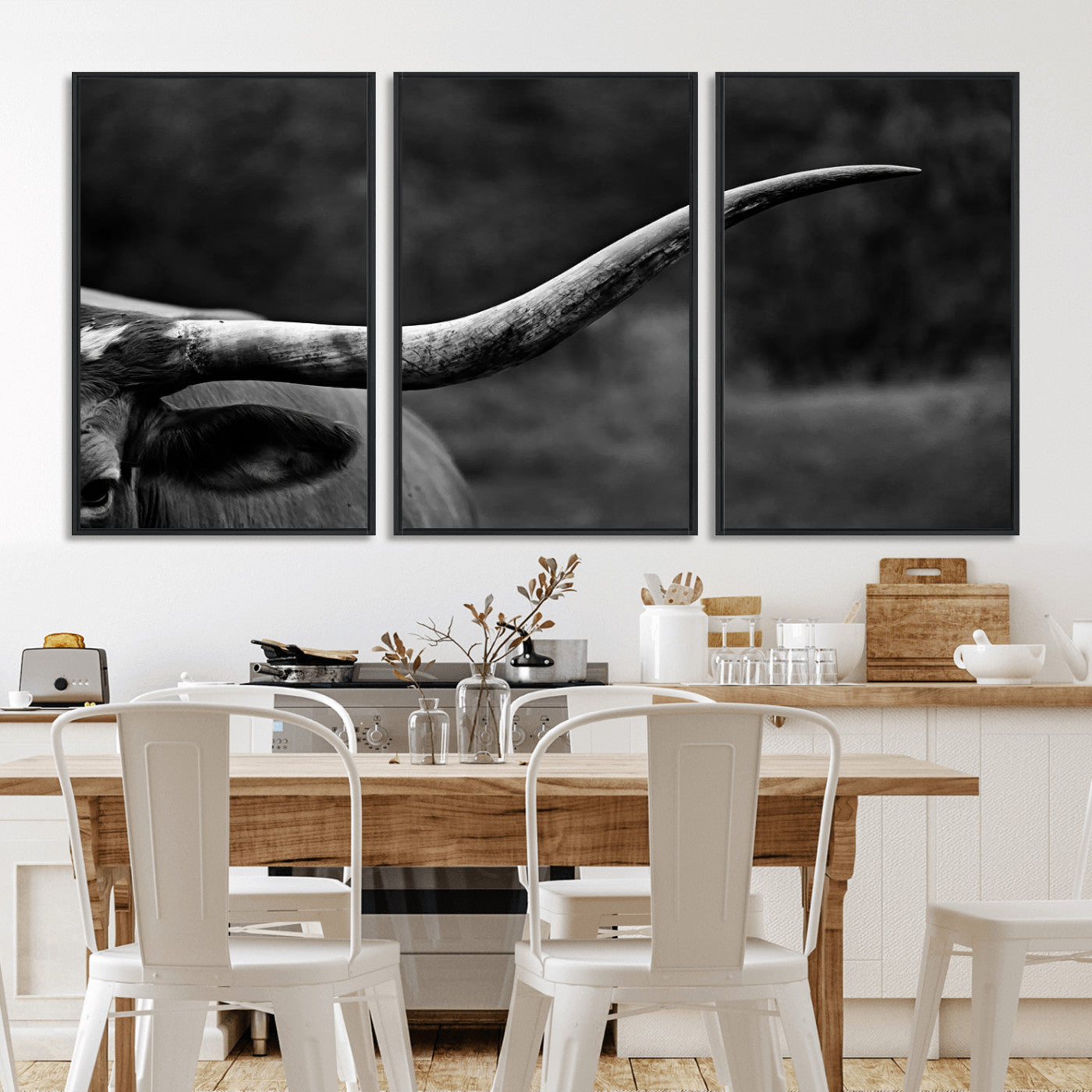 MGV-FC-60X30-3P - Cow Longhorn Wall Art | Black and White Print | Ready to Hang and Framed | Farmhouse Wall Decor |