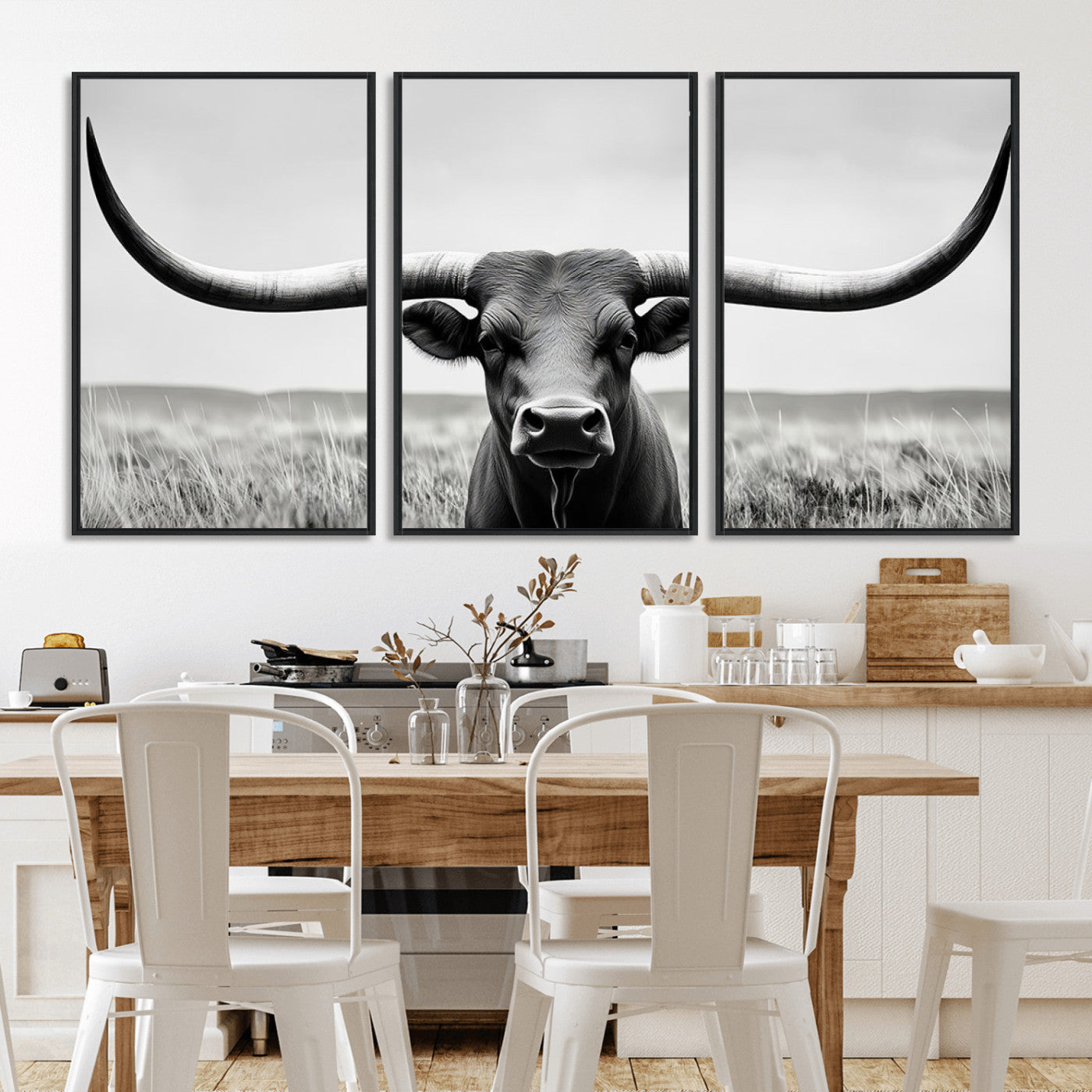 MGV-FC-60X30-3P - Longhorn Bull Canvas Print | Rustic Farmhouse Wall Art | Western Decor | Ready to Hang and Framed