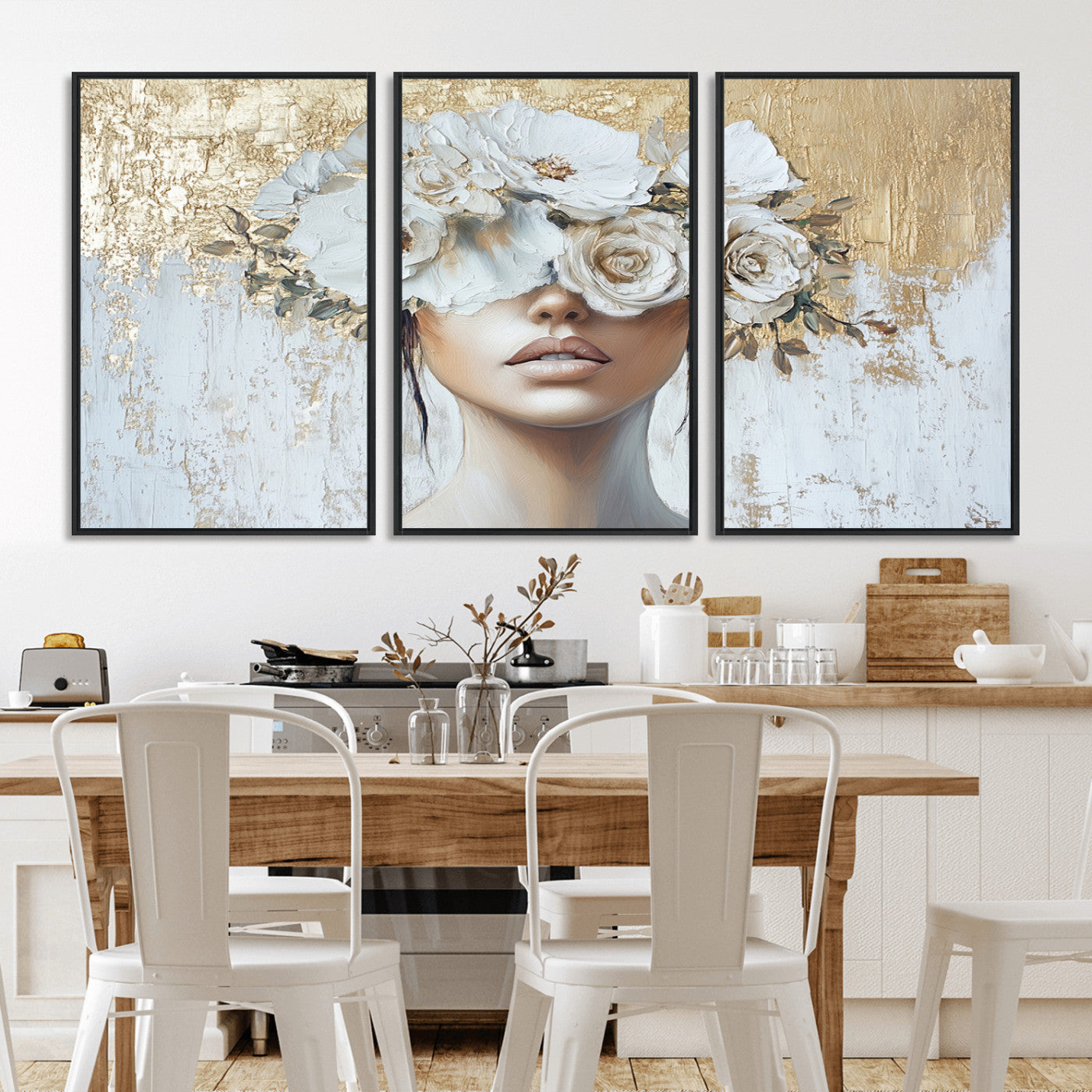 MGV-FC-60X30-3P - Golden Petal Wall Art - Canvas Print Flower Head Woman Painting Floral Woman Portrait Wall Decor,