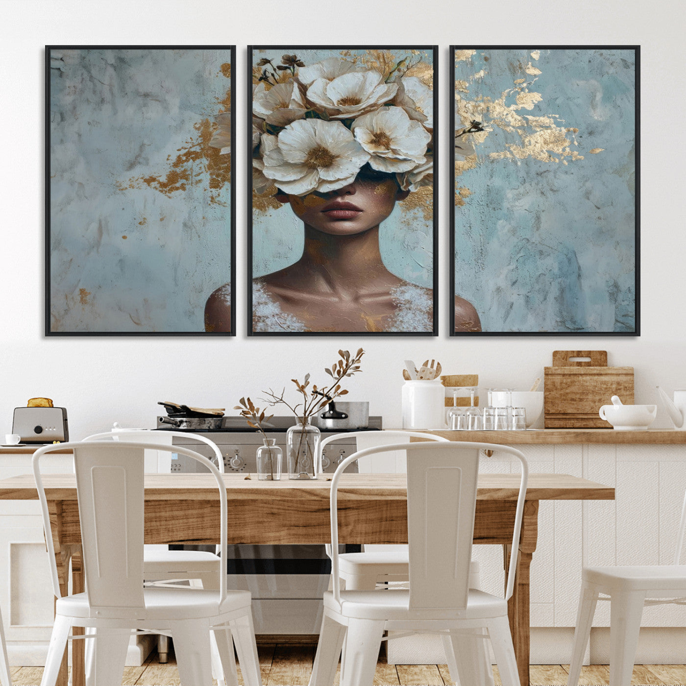 MGV-FC-60X30-3P - Golden Petal Wall Art - Petal Silhouette Woman Wall Art Canvas Print | Large 3-Panel Canvas with