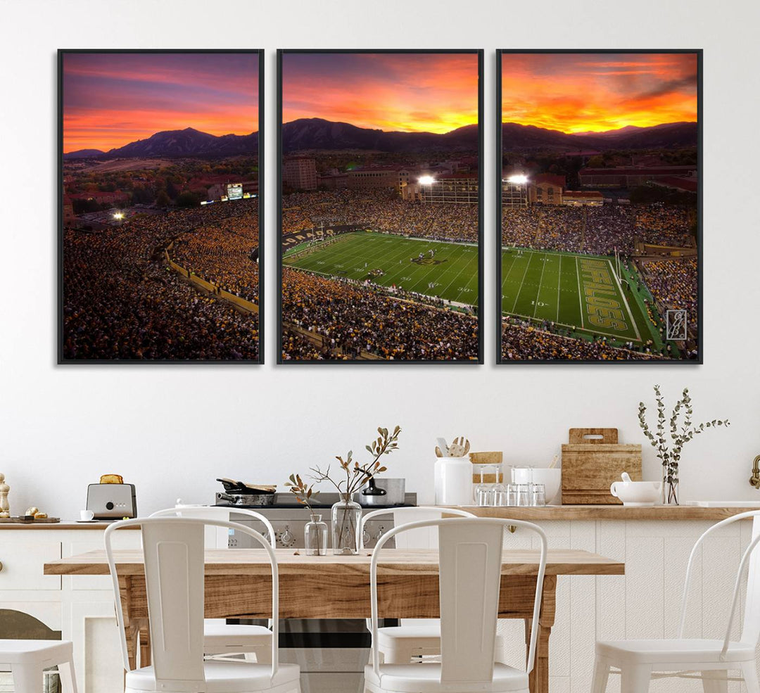 A vibrant mountain sunset at Folsom Field, home of the University of Colorado Football team, is captured in this stunning wall art canvas print.