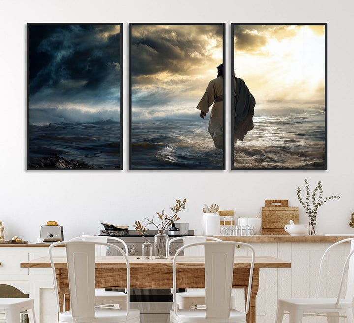 A dramatic sky serves as the backdrop for the Jesus Walking on Water wall art, a perfect piece for Christian home decor.