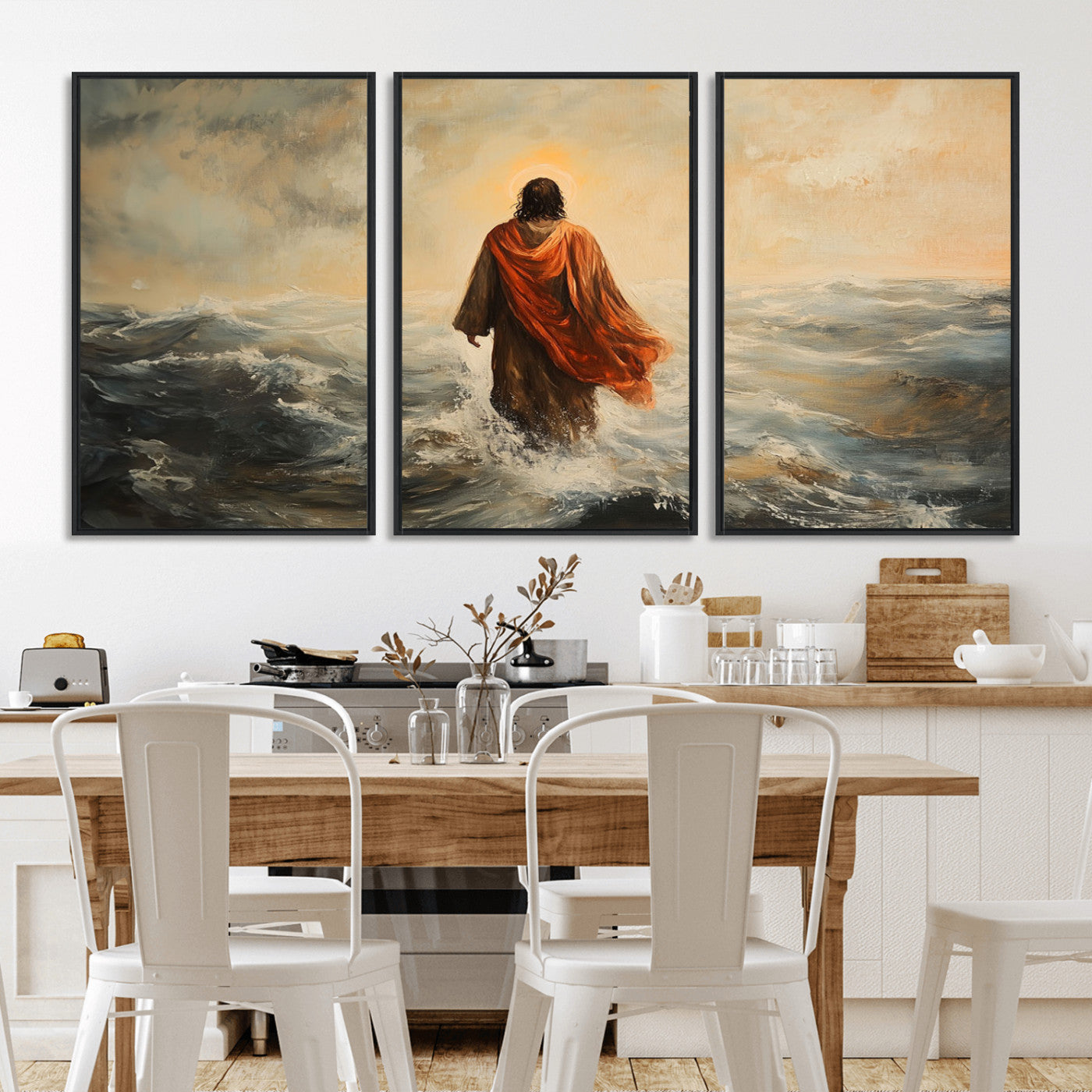 MGV-FC-60X30-3P - Jesus Walking on Water, Christian Wall Art, Jesus Christ Walking on Oil Painting Style Print