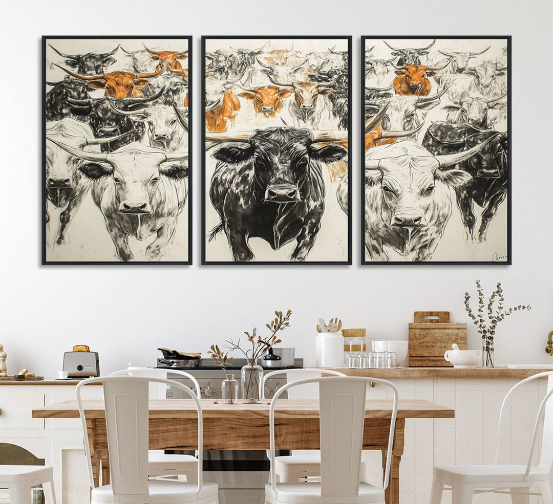 Texas Longhorn Wall Art canvas features cattle artwork with an abstract design, perfect for farmhouse decor on a porch.