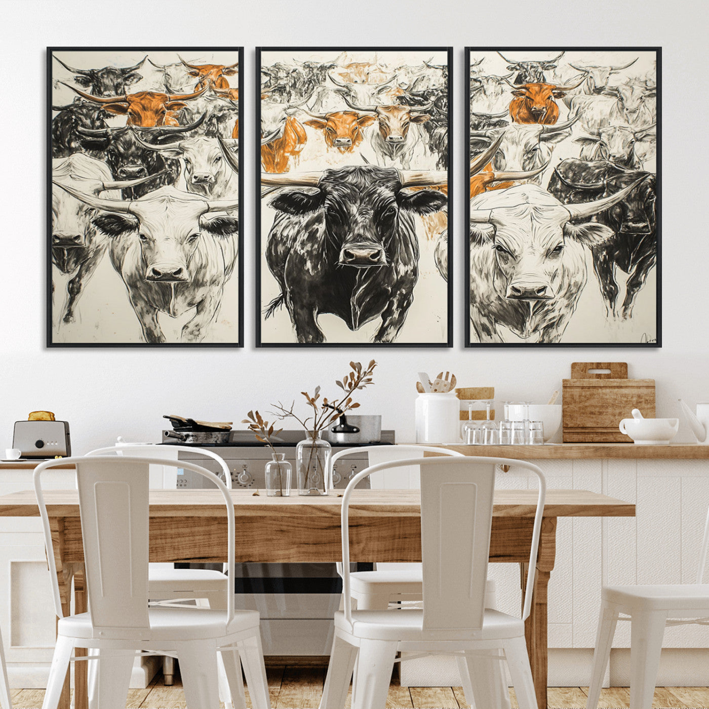 MGV-FC-60X30-3P - Farmhouse Wall Art | Western Longhorn Cattle Canvas Print | Ready to Hang and Framed Barn Decor