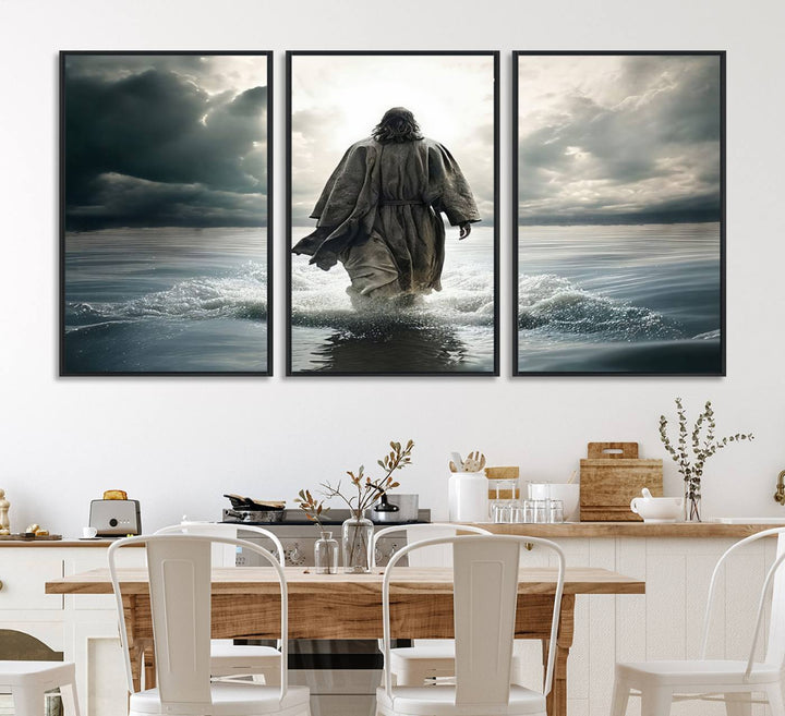 A canvas wall art depicting a figure walking on water beneath dramatic clouds, designed as inspirational religious imagery and ready to hang.