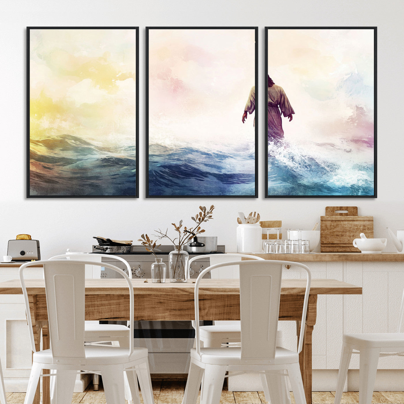 MGV-FC-60X30-3P - Watercolor Jesus Walking on Water Canvas Print, Christian Wall Art, Jesus Christ Walking