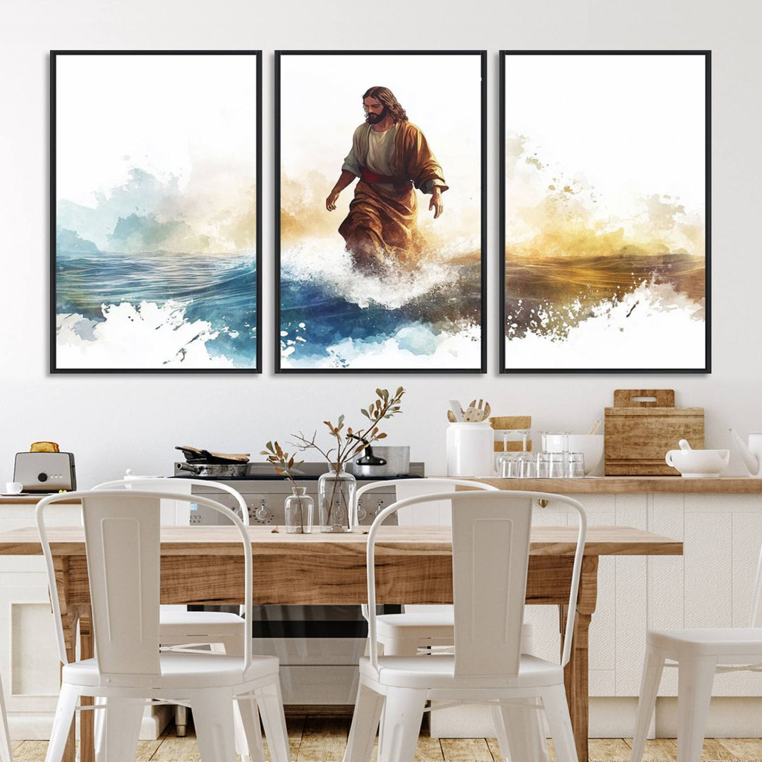 This watercolor canvas print depicts Jesus walking, characterized by abstract splashes against a serene background. It serves as a beautiful piece of Christian wall art.