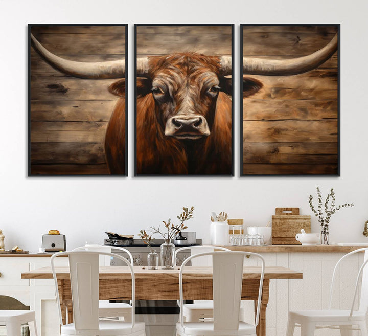 Longhorn Bull Canvas Print: Rustic Farmhouse Decor, Ready to Hang Western Barn Art.