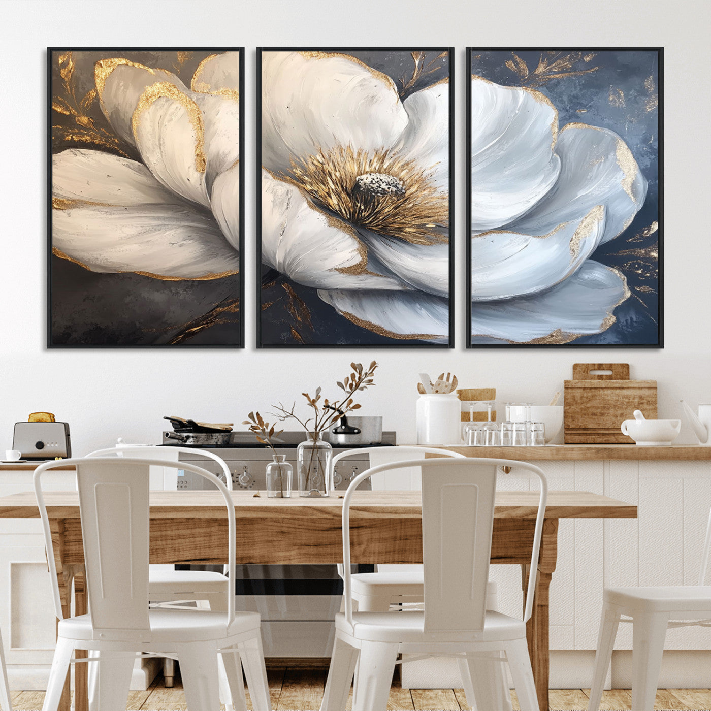 MGV-FC-60X30-3P - White Magnolia Flower Wall Art Canvas Print | Abstract Floral Wall Decor | Elegant Bloom Artwork |