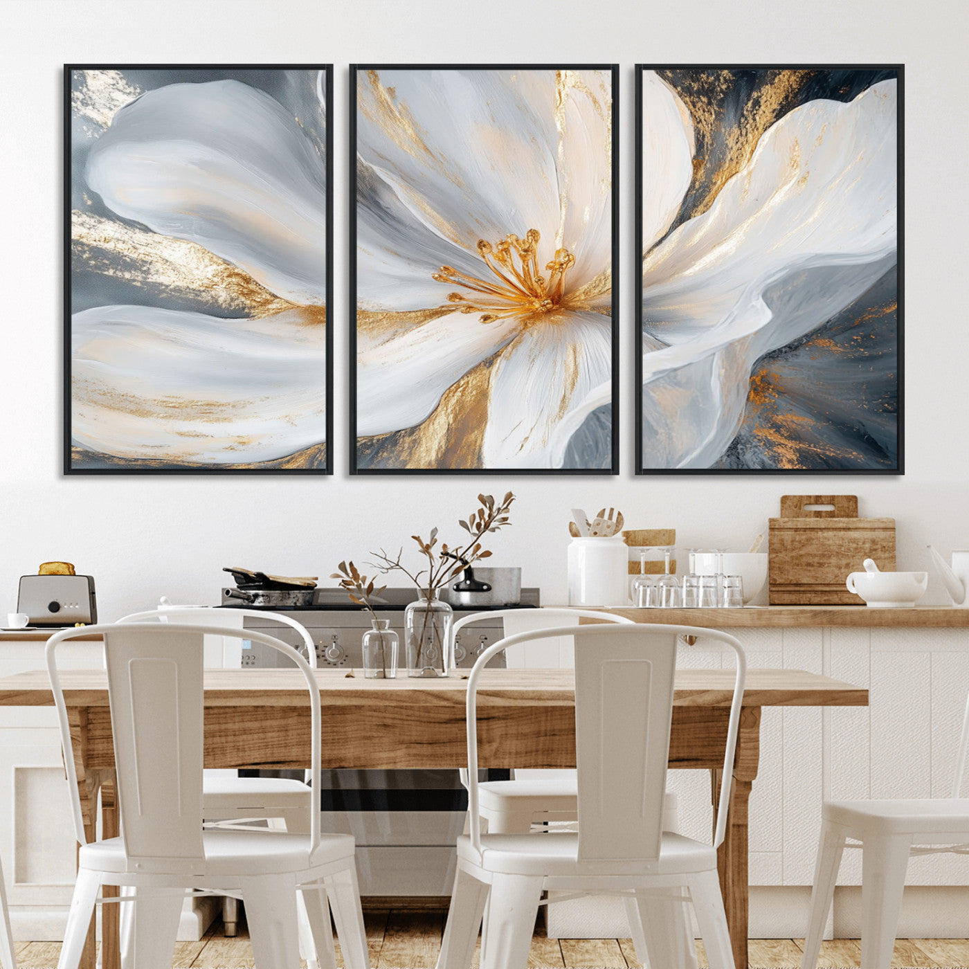 83149-MGV-FC-60X30-3P_Black-White and Gold Floral Canvas Wall Art - Framed and Ready to Hang - Perfect for Modern Living Rooms