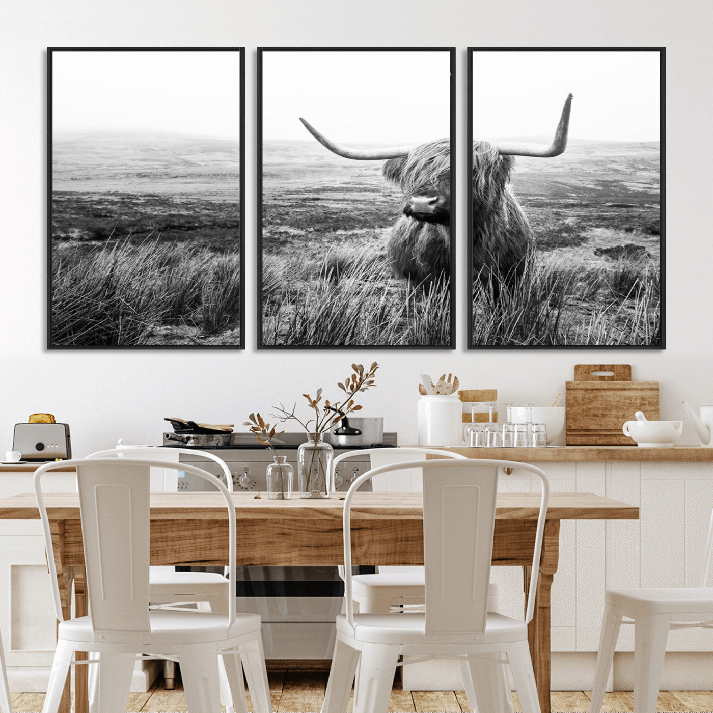 MGV-FC-60X30-3P - Scottish Highland Cow Wall Art | Black and White Canvas Print | Ready to Hang and Framed | Rustic