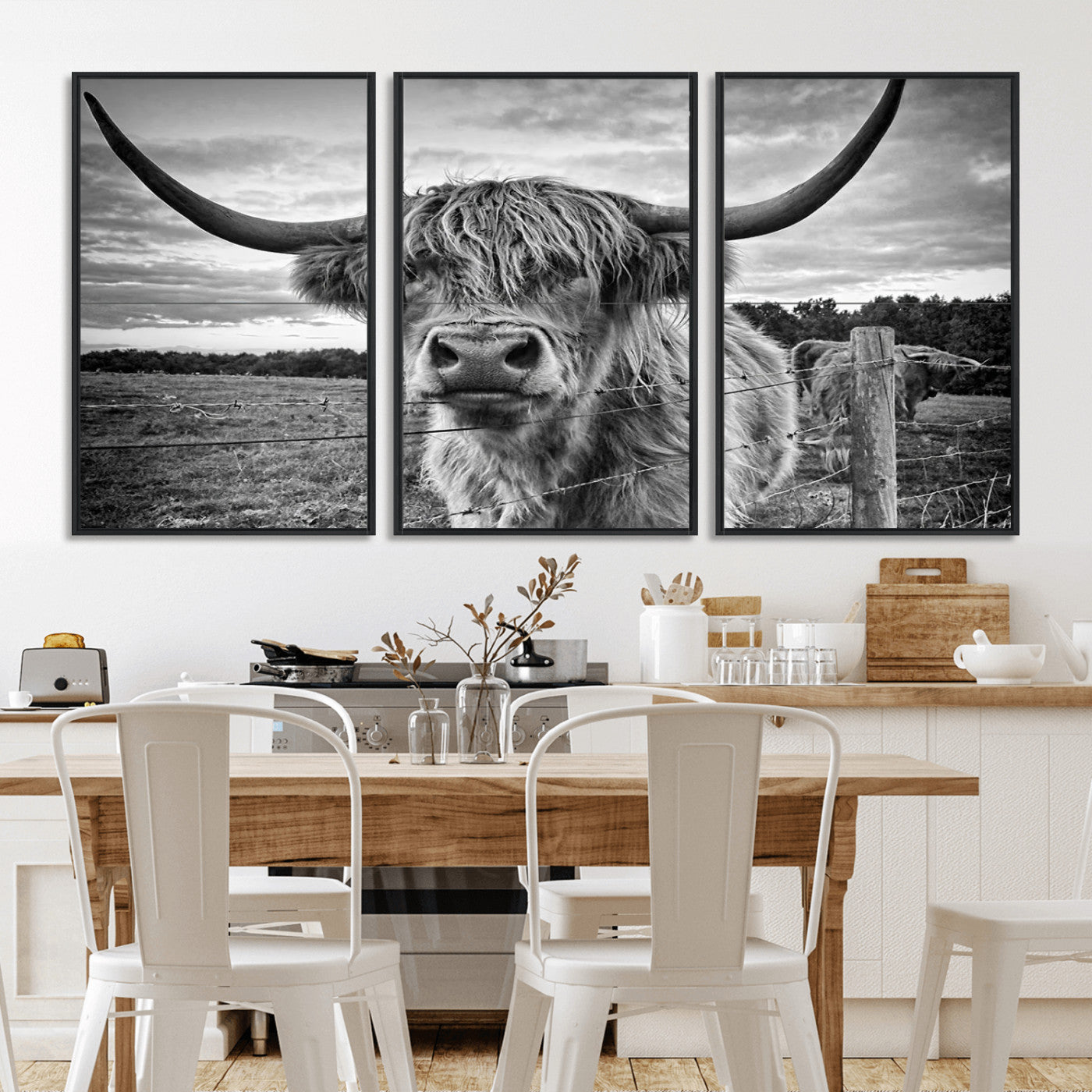 MGV-FC-60X30-3P - Scottish Highland Cow Wall Art Canvas Print | Ready to Hang and Framed | Rustic Farmhouse Decor