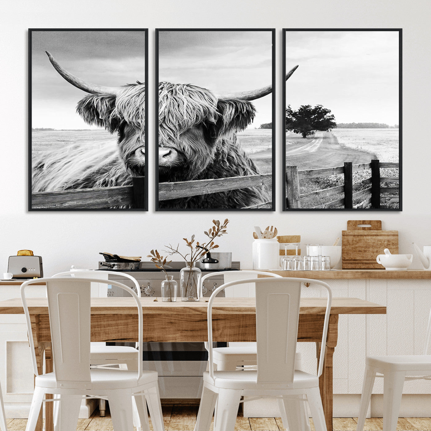 MGV-FC-60X30-3P - Scottish Highland Cow Wall Art | Rustic Farmhouse Décor | Black and White Ready to Hang Canvas Print