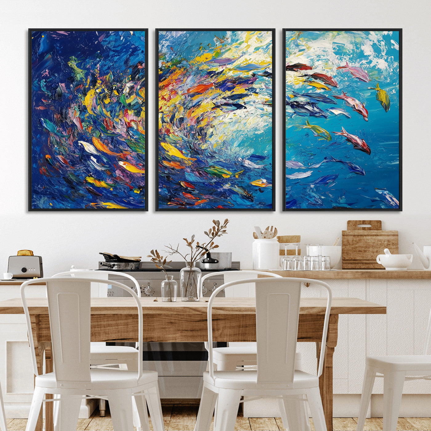 MGV-FC-60X30-3P - Colorful Swirling Fish School Wall Art Canvas Print | Oceanic Abstract Painting | Ready to Hang |