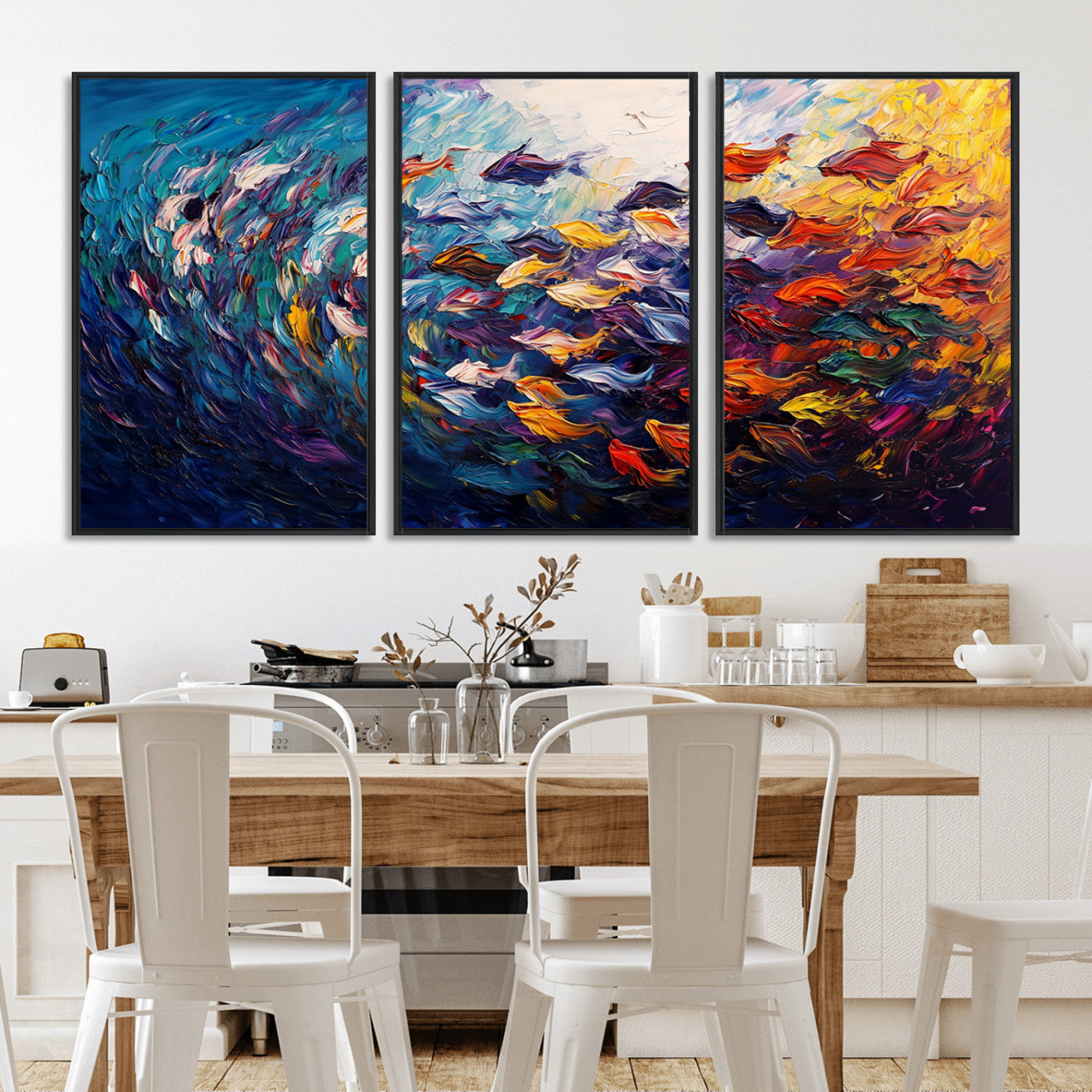 MGV-FC-60X30-3P - Vibrant Abstract Fish Swarm Art – Colorful Fish Inspired 3-Piece Canvas Wall Art for Living Room or
