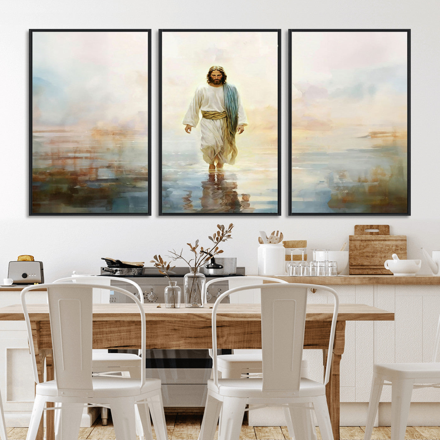 MGV-FC-60X30-3P - Framed Jesus Walking on Water Wall Art - 3-Panel Christian Canvas Prints, Religious Artwork for