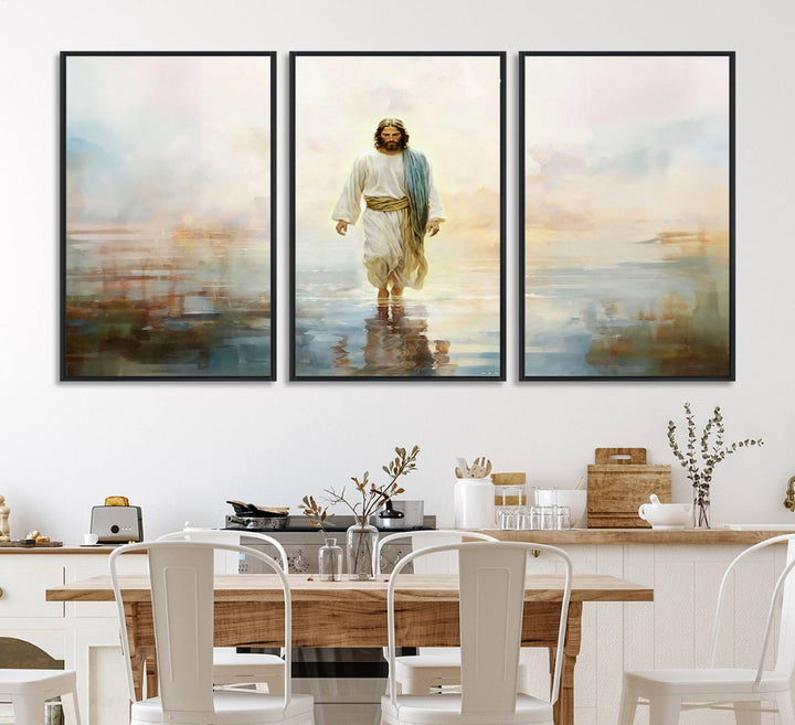 The 3-panel Framed Jesus Walking on Water Wall Art showcases a serene religious scene.