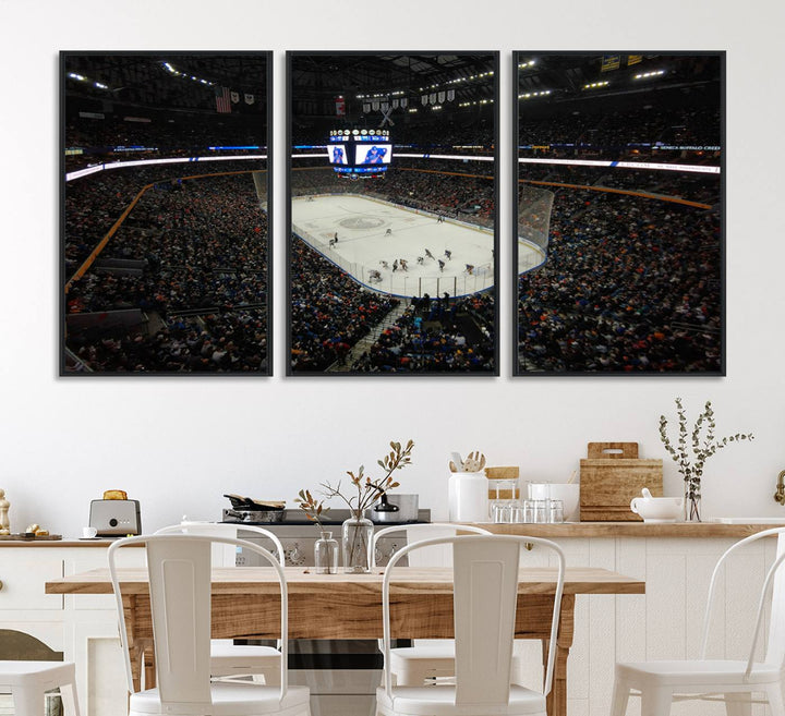 The wall art captures the essence of a Buffalo Sabres game on ice at KeyBank Center, making it deserving of a premium canvas print.