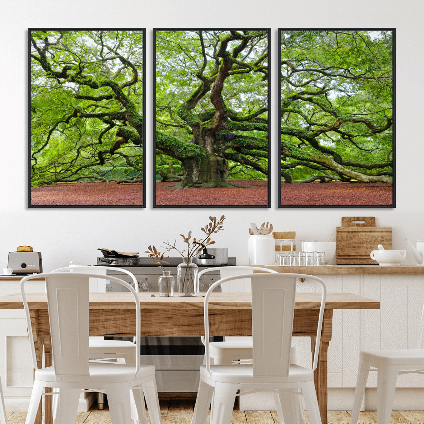 MGV-FC-60X30-3P - Framed Angel Oak Tree Wall Art - 3-Panel Canvas Prints, Large Green Nature Artwork, Ready to Hang