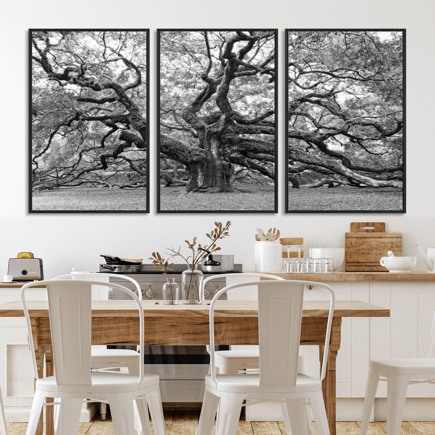 MGV-FC-60X30-3P - Black White Angel Oak Tree Wall Art - Timeless Nature-Inspired Canvas for Rustic, Modern, or