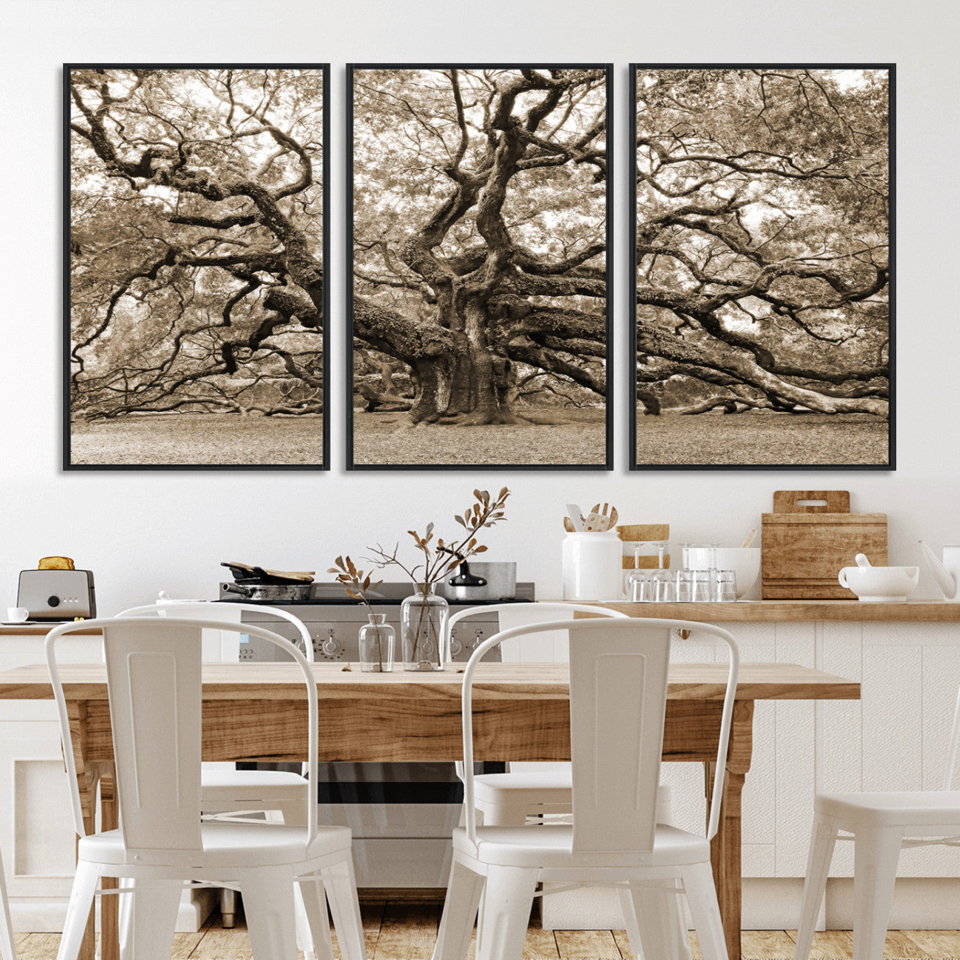 51126-MGV-CV-36X24-Sepia Framed Angel Oak Tree Wall Art - 3-Panel Canvas Prints, Large Green Nature Artwork, Ready to