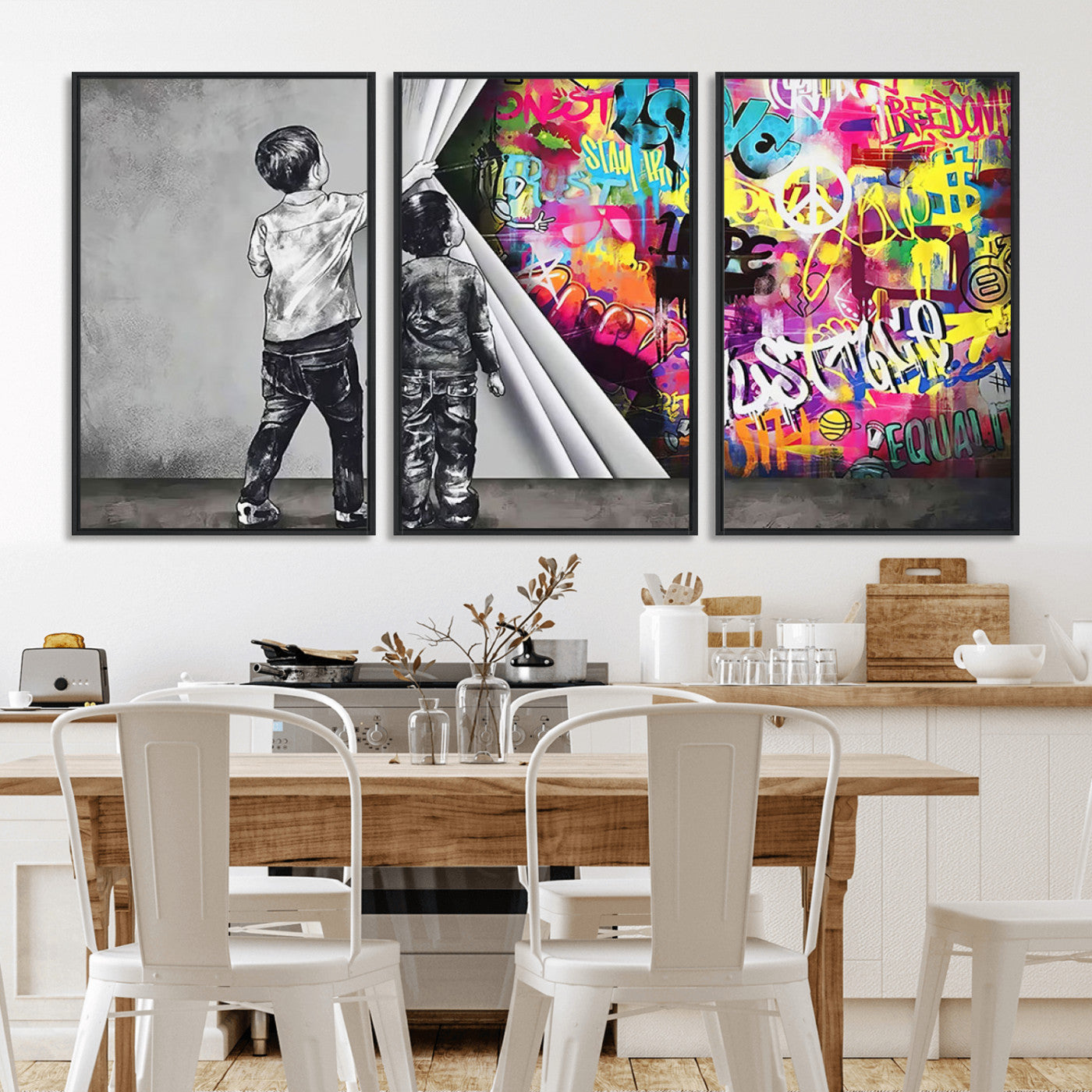MGV-FC-60X30-3P - Banksy Print - Street Art Canvas Wall Art - Kids Revealing Graffiti, Urban Modern Decor for Living