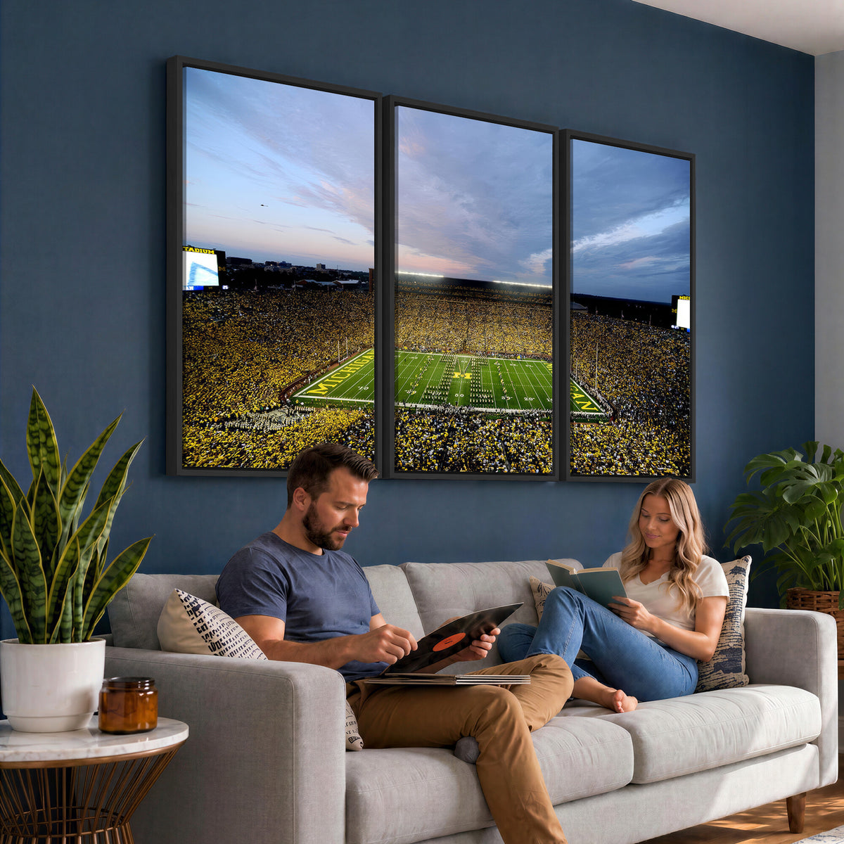 82641-MGV-CV-36X24 - Michigan Stadium Wall Art Canvas Print – Framed Football Field Scene with Marching Band Artwork for Home, Office