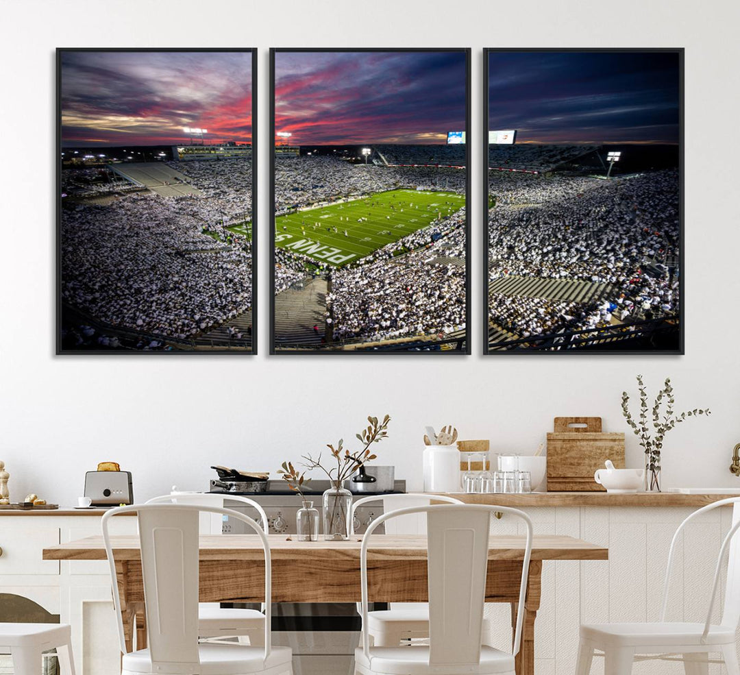 A sunset print on a canvas wall art piece captures the scene of white-clad fans at Beaver Stadium for the Nittany Lions game.