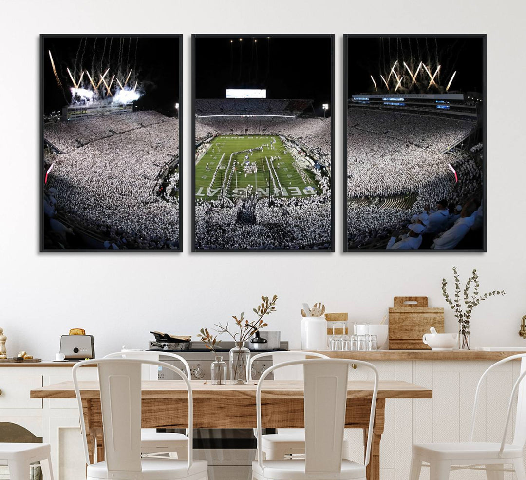 Wide-angle print of a packed stadium with fireworks, ideal gallery-quality wall art - Penn State Nittany Lions Canvas.