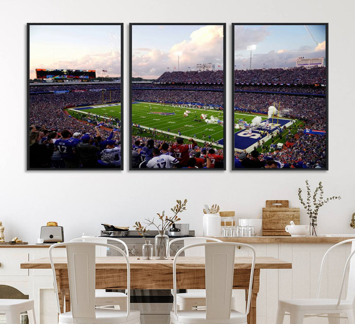 A mural of the Buffalo Bills energizes the atmosphere, capturing the excitement of a game day at Highmark Stadium, even under a cloudy sky.