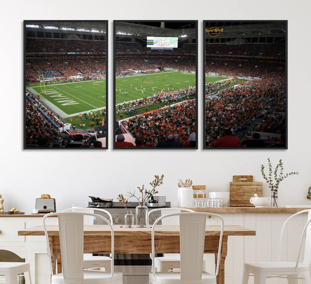 Aerial view of a Miami Hurricanes game at Hard Rock Stadium captured on canvas print, showcasing the teams on the field and fans in the stands.