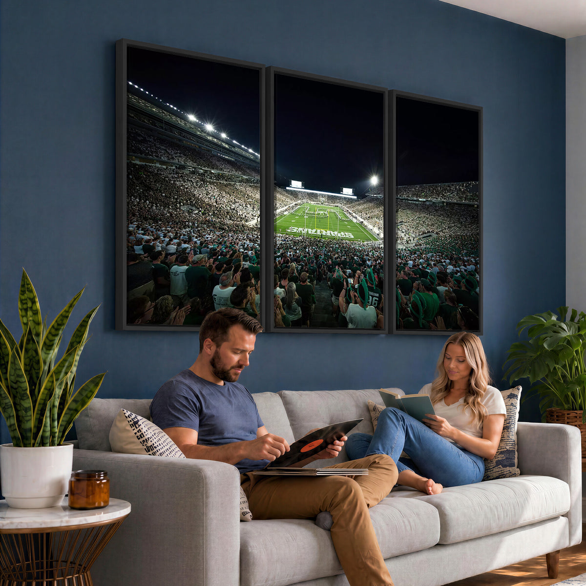 57523-PAN-FL-20X10 - Framed Michigan State Spartans Football Team Print - East Lansing Spartan Stadium Wall Art Canvas
