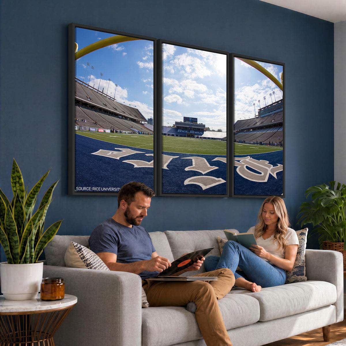 50267-MGV-CV-36X24 - Rice University Owls Football Team Print, Houston Rice Stadium, Framed and Ready to Hang
