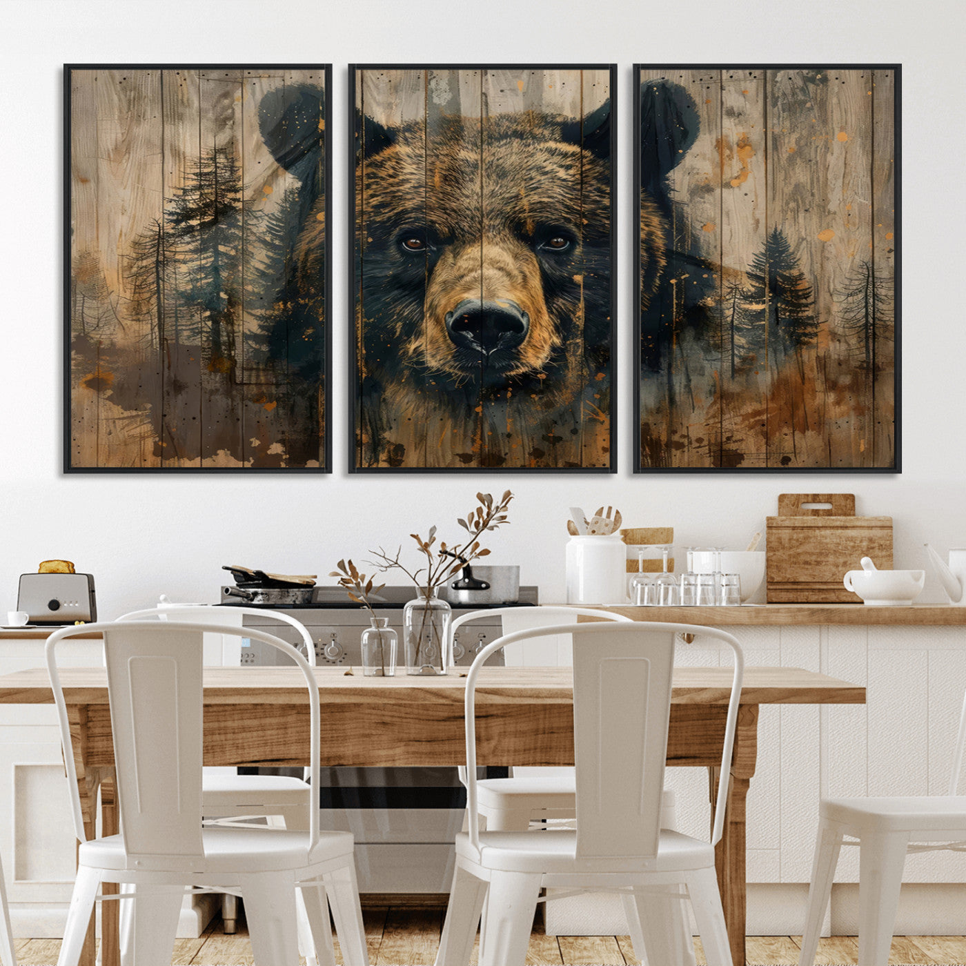 MGV-FC-60X30-3P - Abstract 399 Bear Wall Art | Rustic Cabin Wall Decor with Forest Design | Framed and Ready to Hang |