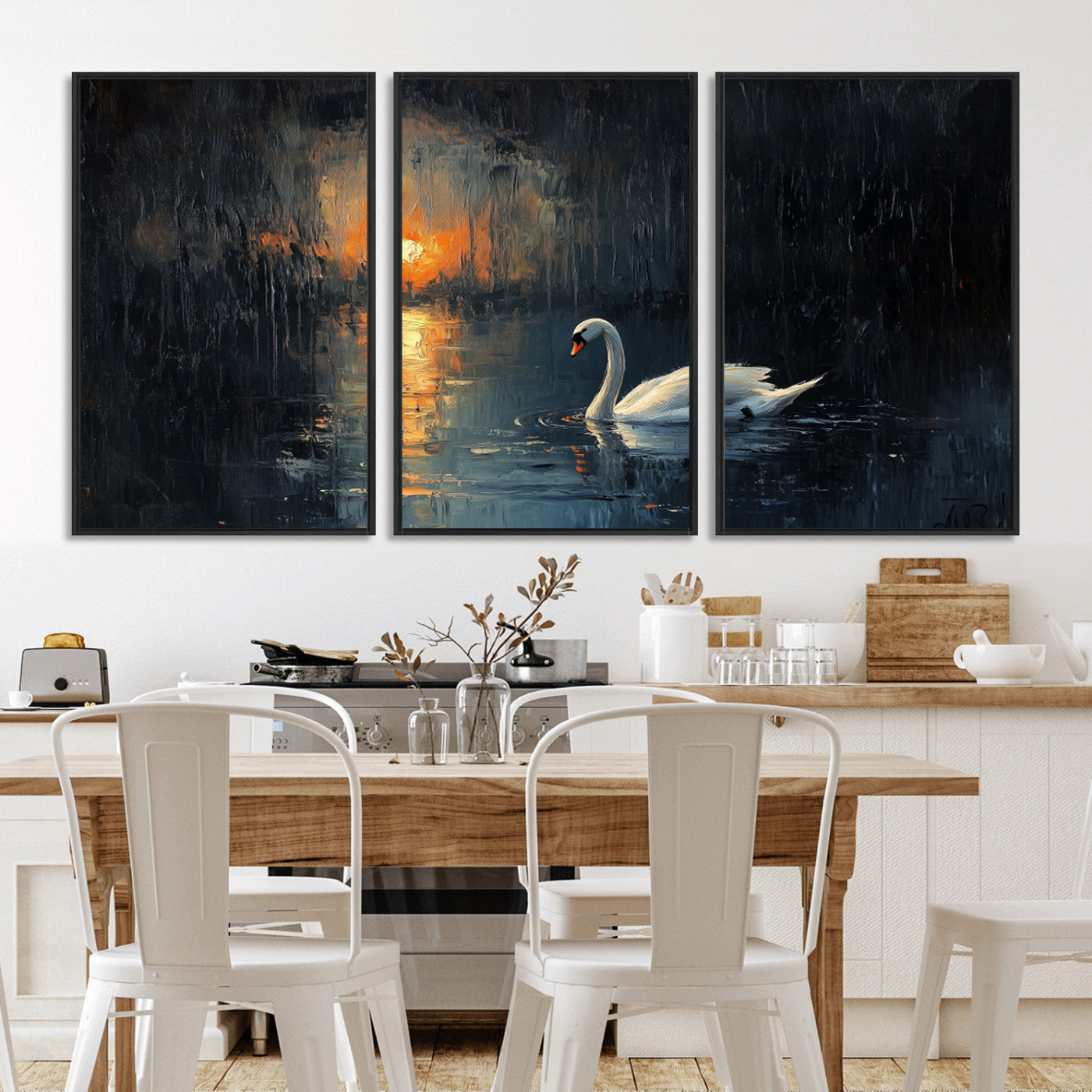 MGV-FC-60X30-3P - Abstract Swan on Water Wall Art Canvas Print - Elegant Nature Scene for Modern Home Decor