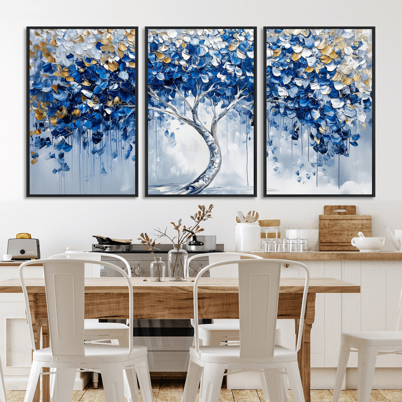 MGV-FC-60X30-3P - Blue and Gold Abstract Tree Wall Art Canvas Print | Modern Tree of Life Painting | Framed Canvas