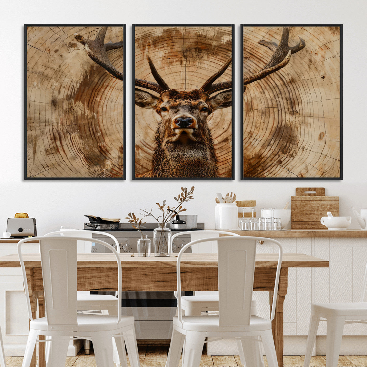 MGV-FC-60X30-3P - Wood Abstract Deer Wall Art | Rustic Wildlife Canvas Print | Ready to Hang Stag Head Triptych for
