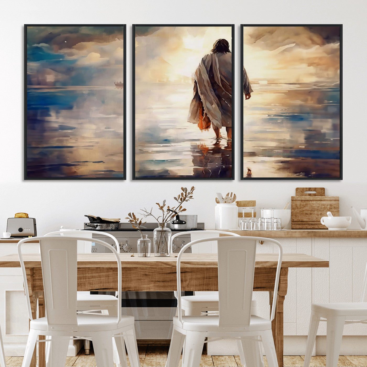 MGV-FC-60X30-3P - Jesus Walking on Water Wall Art | Ready to Hang Spiritual Triptych Canvas Print | Inspirational