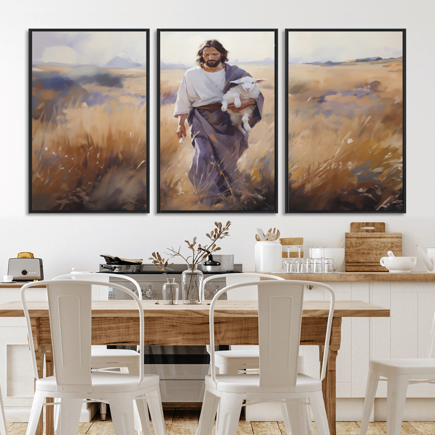 MGV-FC-60X30-3P - Jesus the Good Shepherd Wall Art Canvas Print - Lost Lamb Print for Prayer Room Decor