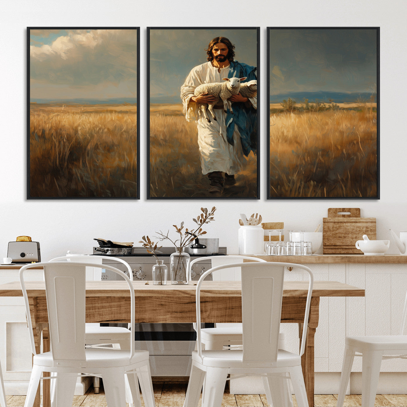 MGV-FC-60X30-3P - Jesus Shepherd Wall Art | Ready to Hang Triptych Canvas of Jesus Holding a Lamb in a Field |