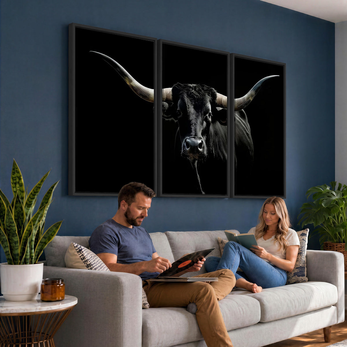 20679-MGV-CV-24X16 - Texas Black Longhorn Bull Wall Art Canvas Print, Western Cattle Rustic Decor
