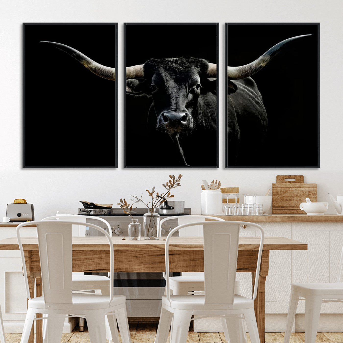 MGV-FC-60X30-3P - Texas Black Longhorn Bull Wall Art Canvas Print - Western Texas Cattle Rustic Decor Print - Longhorn