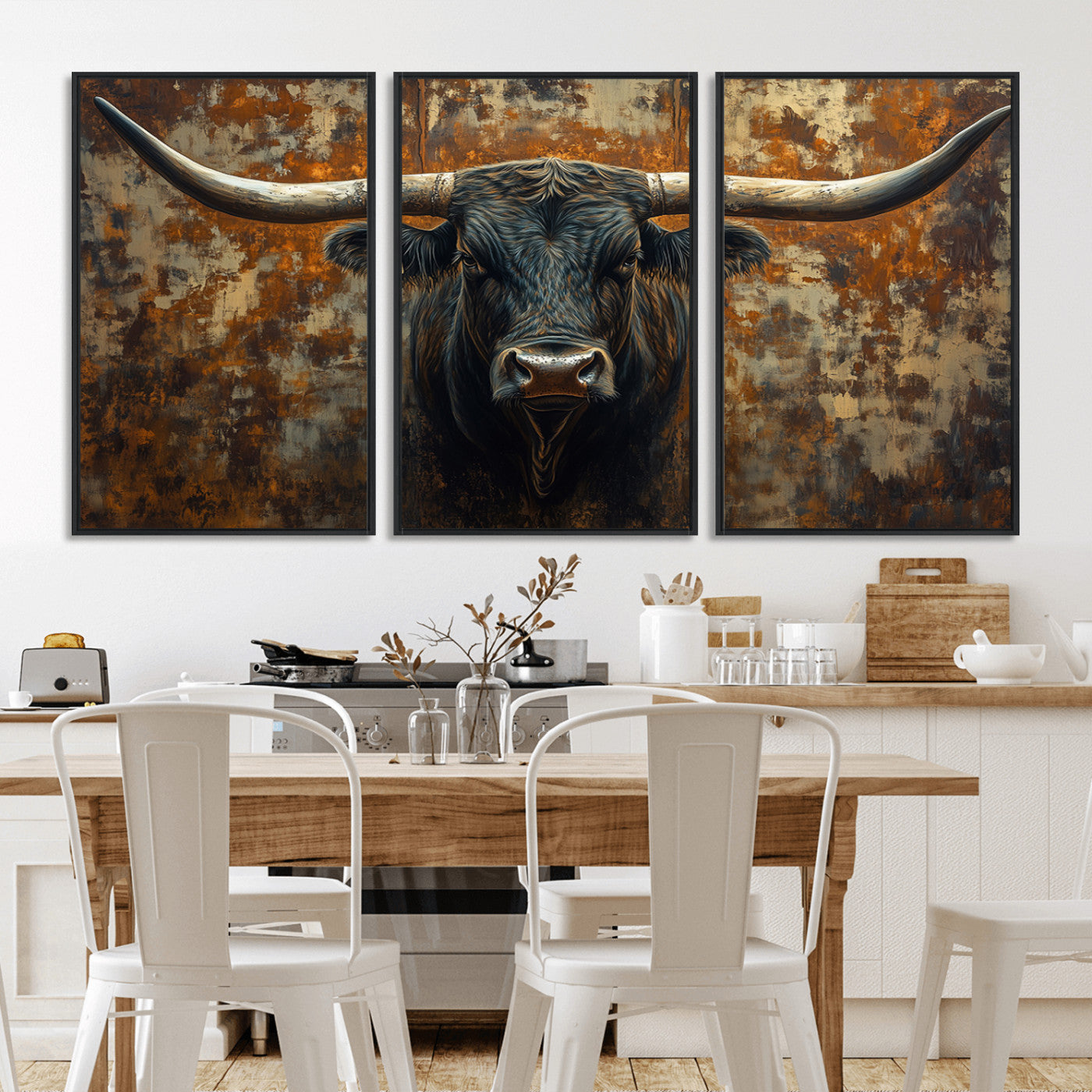 MGV-FC-60X30-3P - Longhorn Texas Cow Bull Wall Art | Rustic Farmhouse Canvas Print | Ready to Hang Barn Decor for