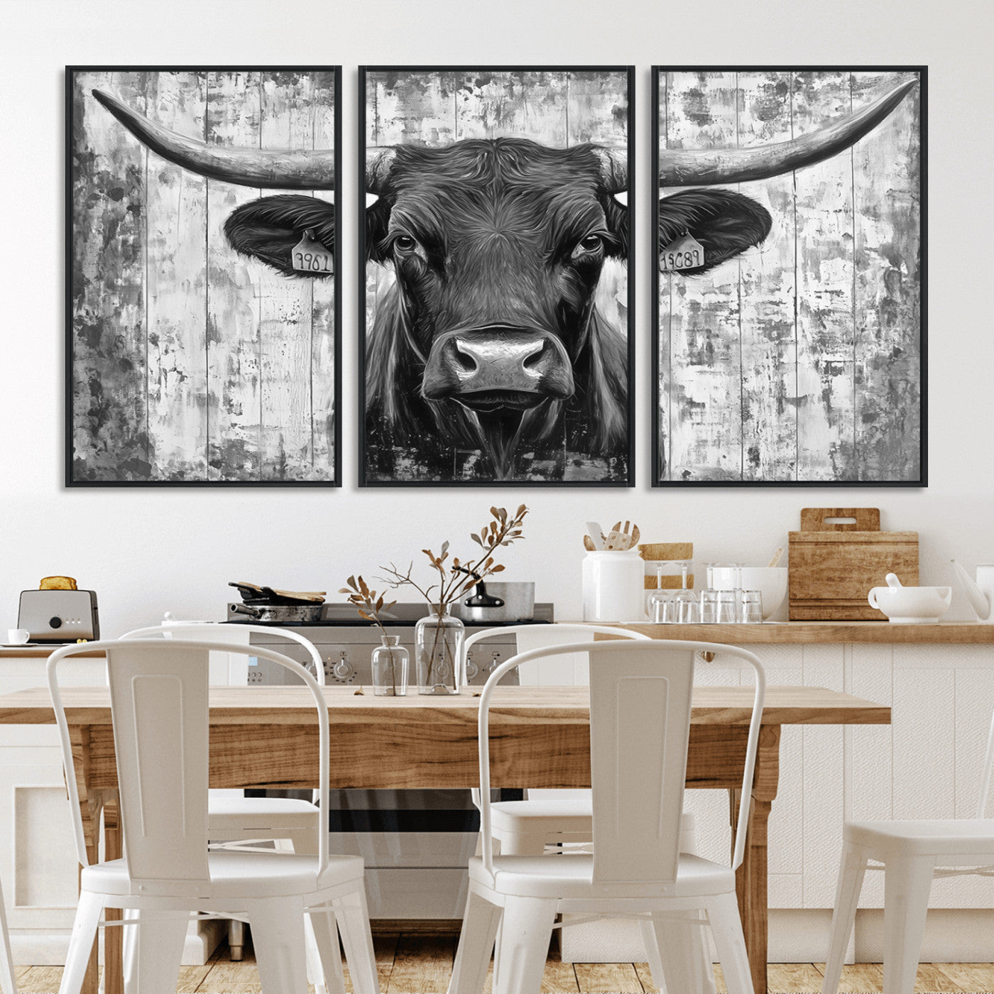 MGV-FC-60X30-3P - Abstract Longhorn Bull Wall Art Canvas Print - Rustic Texas Western Cow Artwork